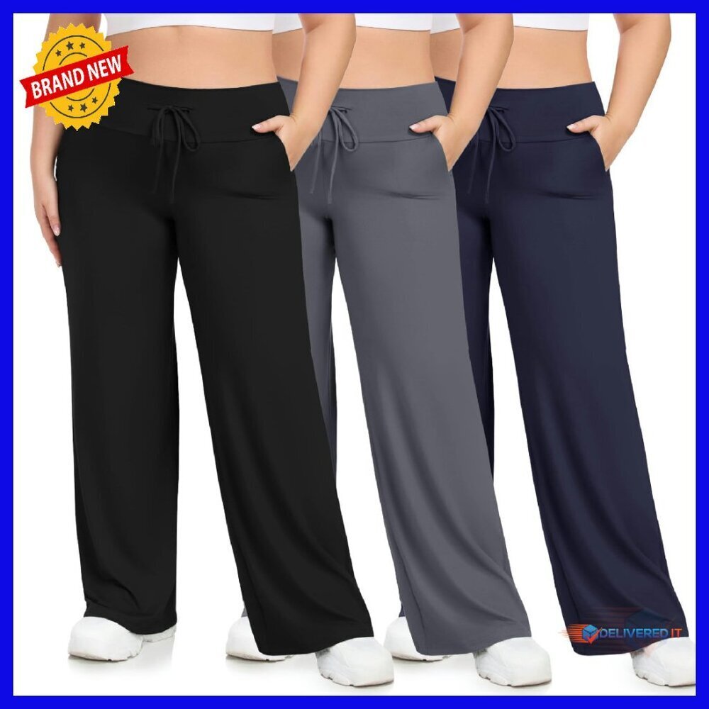 Plus Size Wide Leg Lounge Pants with Pockets - 3 Pack Soft Yoga Pajamas